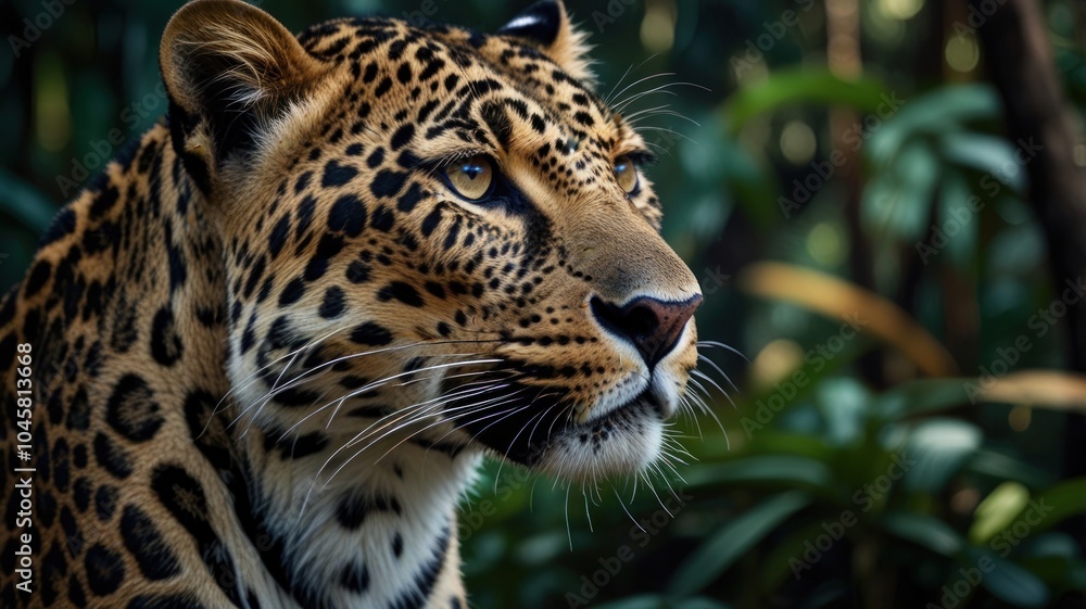 Fototapeta premium A close-up portrait of a leopard looking intently to the side, its yellow eyes piercing the viewer. The leopard's spotted fur and whiskers are visible in sharp detail.