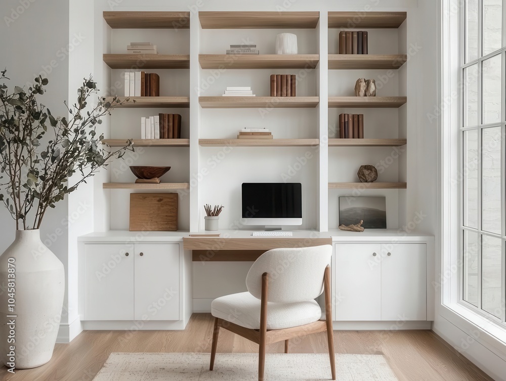 Fototapeta premium A minimalist libraryoffice featuring builtin shelving, a small desk, and neutral decor for a clean and functional design