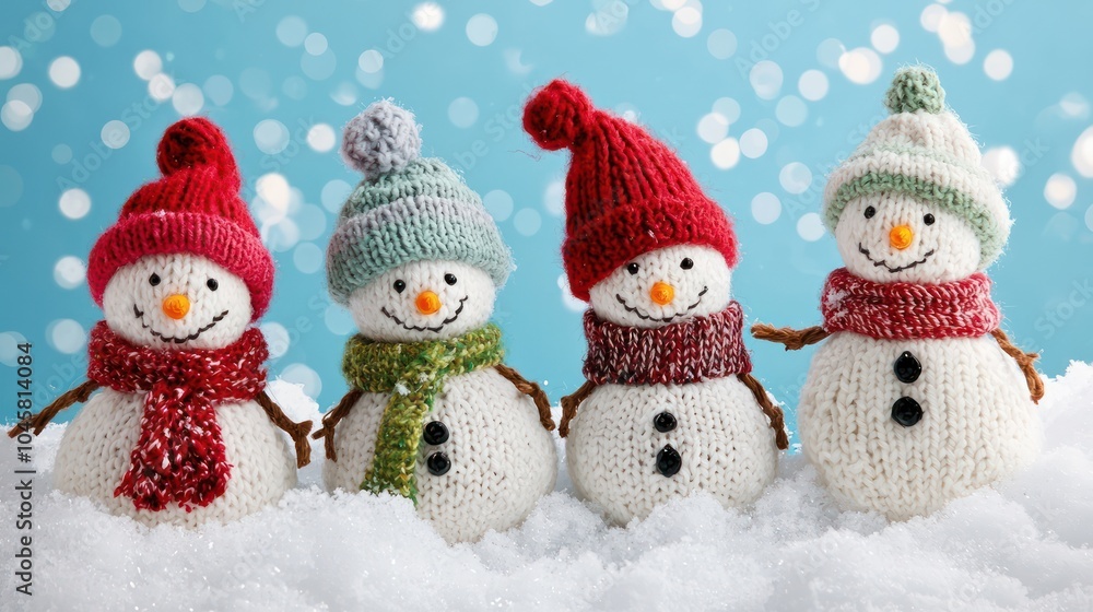 Little knitted snowmen adorned with festive hats and scarves, placed on fluffy snow with a brilliant blue backdrop, exuding warmth and cheer. Little knitted snowmen adorned with festive hats and scarves, placed on fluffy snow with a brilliant blue backdrop, exuding warmth and cheer.