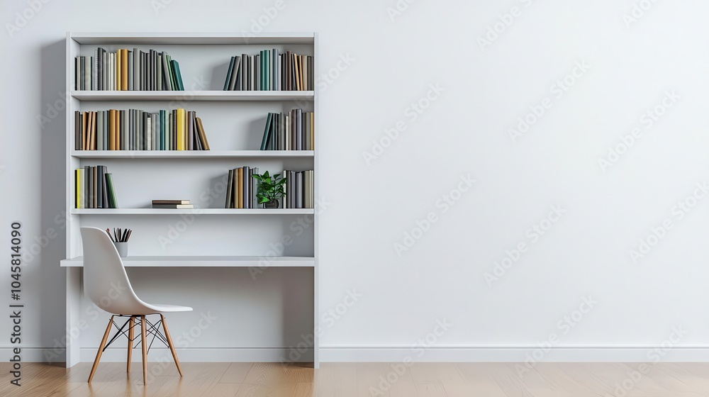 A minimalist libraryoffice with monochrome shelving, a slim writing desk, and minimal decor, offering a clean and organized workspace A minimalist libraryoffice with monochrome shelving, a slim writing desk, and minimal decor, offering a clean and organized workspace
