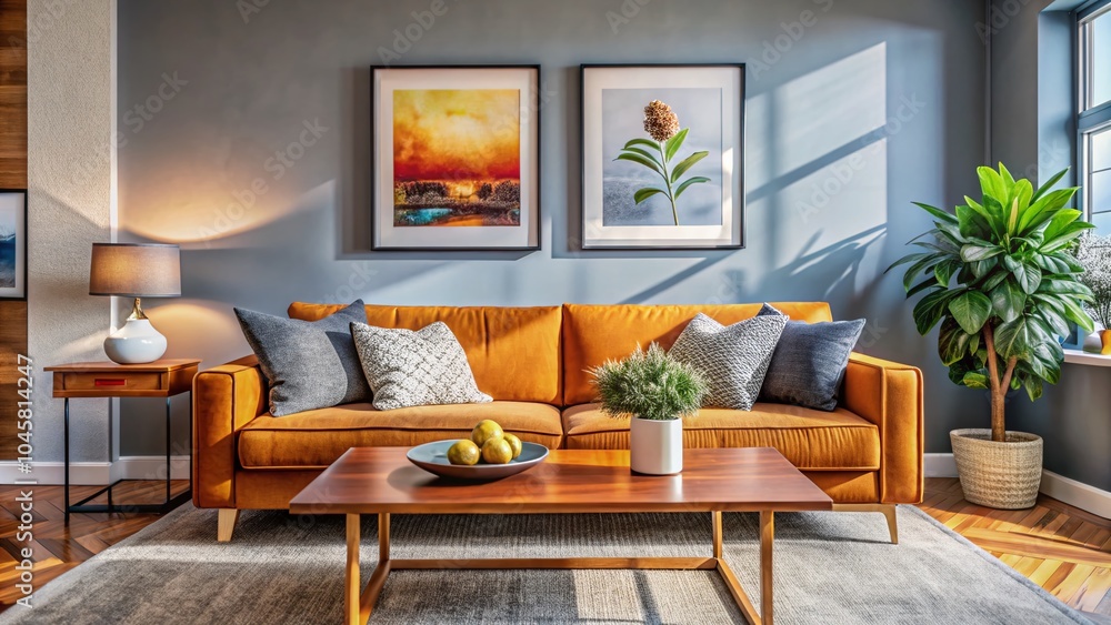 Fototapeta premium Modern Living Room Interior with Sofa, Table, and Decorative Plant in a Stylish Candid Photography Setting