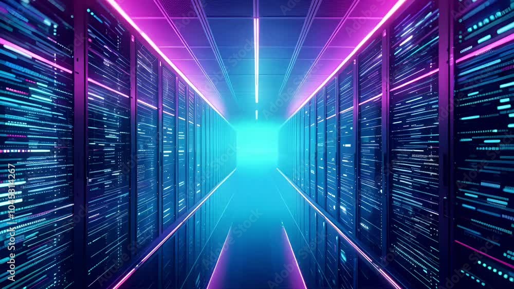 High-tech server room in blue and pink hues, symbolizing modern connectivity High-tech server room in blue and pink hues, symbolizing modern connectivity