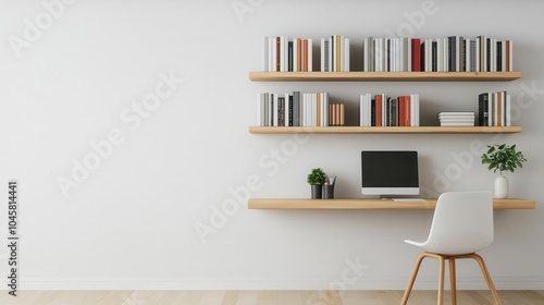 A modern libraryoffice with floating shelves, a slim desk, and neutral decor, offering a sleek, minimalist design