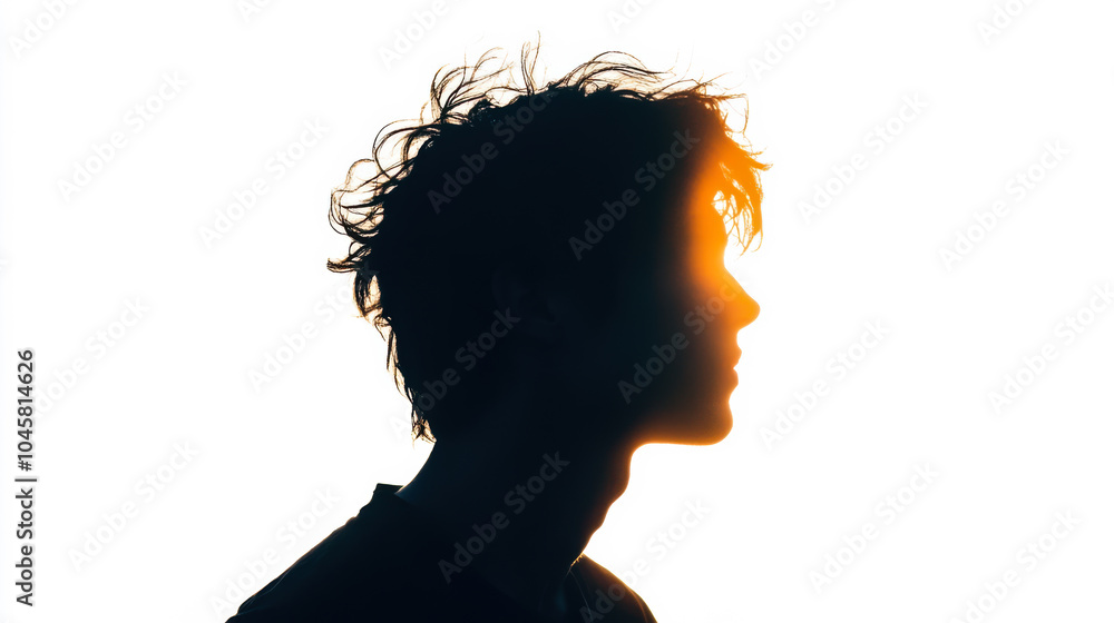 A silhouette of a man with curly hair and glasses against a bright sunset backdrop highlighting peaceful reflection and serenity A silhouette of a man with curly hair and glasses against a bright sunset backdrop highlighting peaceful reflection and serenity