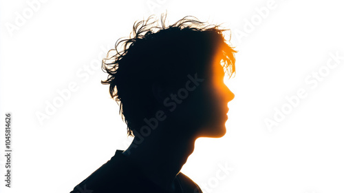 A silhouette of a man with curly hair and glasses against a bright sunset backdrop highlighting peaceful reflection and serenity