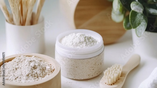 recyclable containers with organic skincare products on white background promoting sustainability