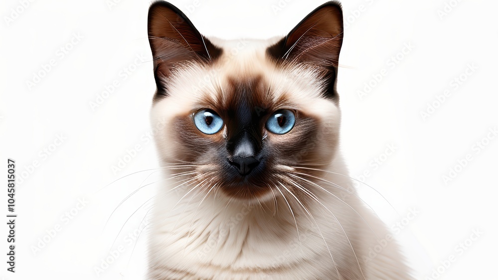 A close-up portrait of a Siamese cat with striking blue eyes against a white background. A close-up portrait of a Siamese cat with striking blue eyes against a white background.