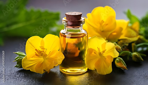 glass bottle contains evening primrose essential oil yellow flowers used alternative medicine treatment option