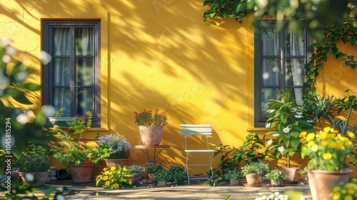 Brightly Painted Garden with Flowers and Chair