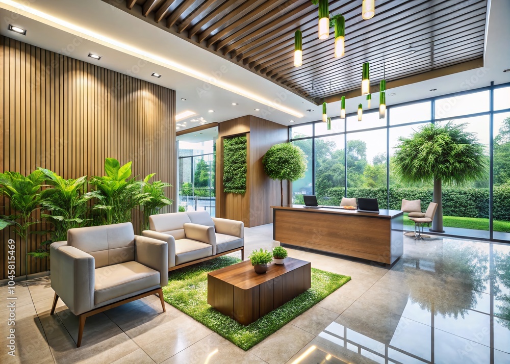 Fototapeta premium Modern Office Lobby Design with Sleek Furniture and Natural Light for Corporate Spaces