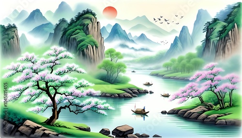 A vibrant spring in traditional Chinese landscape painting, blending with poetic Qingming charm photo