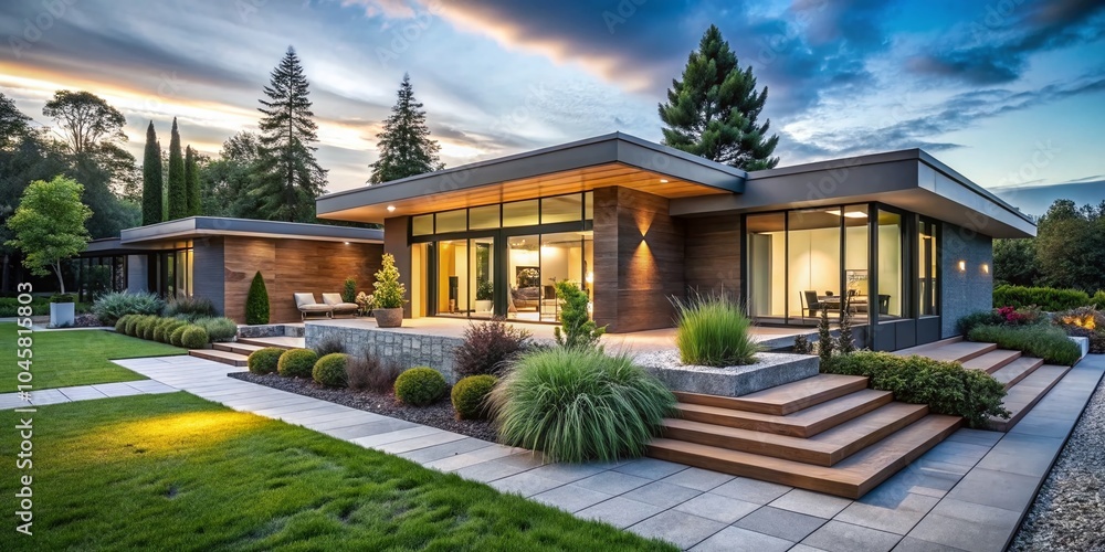 Fototapeta premium Modern Ranch Style Minimalist Cubic House with Terrace and Landscaping Design for Residential Architecture