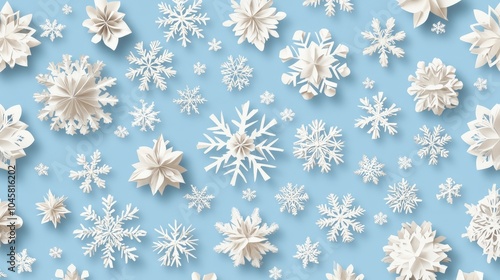 A delicate and festive seamless pattern featuring paper snowflakes in various sizes and shapes, perfect for winter holidays and celebrations. The white snowflakes are against a light blue background, 