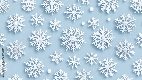 A delightful winter-themed seamless pattern featuring delicate paper snowflakes in various sizes, scattered on a light blue background, evoking a sense of tranquility and festive cheer.