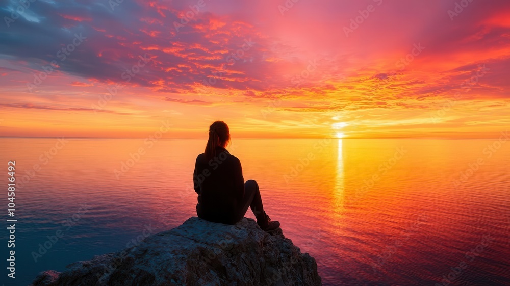 Single woman watching a sunset on her birthday, sitting on a cliffside, serene ocean view Single woman watching a sunset on her birthday, sitting on a cliffside, serene ocean view