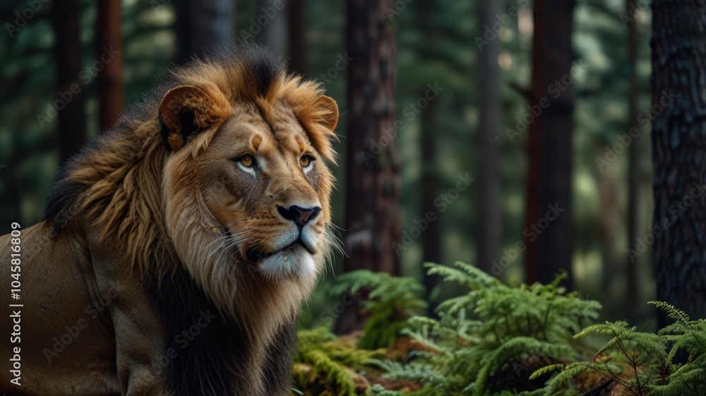 A majestic lion with a thick mane stares intently into the distance, surrounded by lush greenery and towering pine trees. A majestic lion with a thick mane stares intently into the distance, surrounded by lush greenery and towering pine trees.