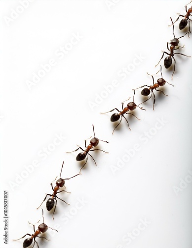 Line of cute ants marching on white background in search of food