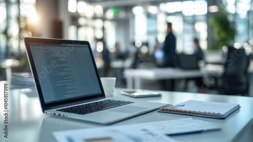 Laptop on modern office desk with business documents and blurred background