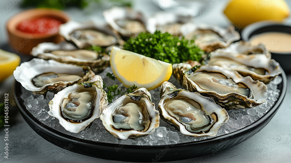 High-Resolution Oyster Platter on Ice with Lemon and Dipping Sauces High-Resolution Oyster Platter on Ice with Lemon and Dipping Sauces