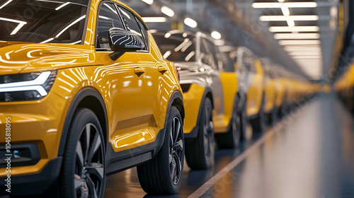 A line of completed cars ready to be shipped from the factory, showcasing the end of the production line  