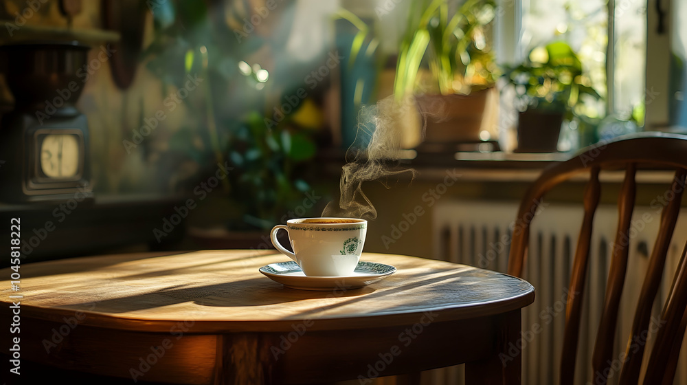 A steaming cup of coffee sits on a table, ready for a morning pick-me-up A steaming cup of coffee sits on a table, ready for a morning pick-me-up