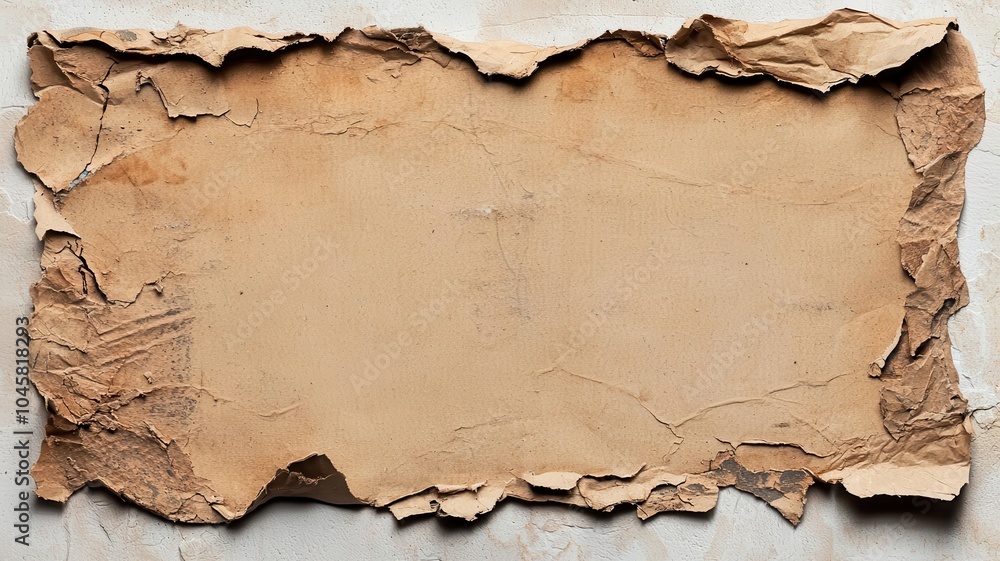 Weathered cardboard piece, torn edges with tape residue, authentic texture focus Weathered cardboard piece, torn edges with tape residue, authentic texture focus