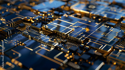 blue and gold silicon wafer displaying intricate processor cores and technology innovation photo