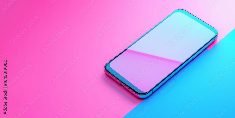 A modern smartphone lies diagonally on a vibrant pink and blue background, reflecting the light. This minimalist image symbolizes technology, communication, and modern design. A modern smartphone lies diagonally on a vibrant pink and blue background, reflecting the light. This minimalist image symbolizes technology, communication, and modern design.