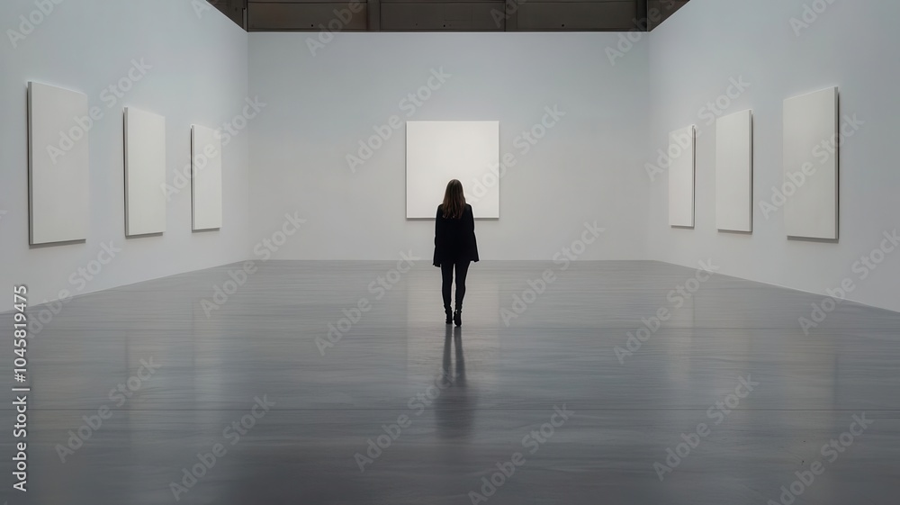 Woman turning 45 walking through a quiet art gallery on her birthday, elegant attire Woman turning 45 walking through a quiet art gallery on her birthday, elegant attire