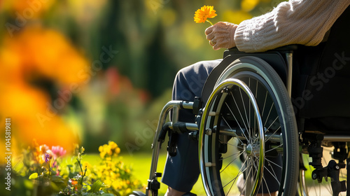 Senior person in wheelchair holding flower in sunny garden

