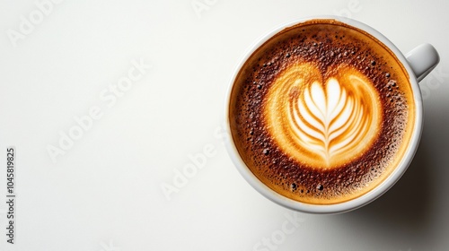 Cup of latte art coffee from above isolated on white