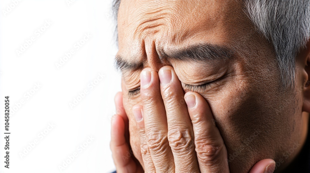Fototapeta premium A senior man displays signs of distress as he covers his face, indicating eye pain and discomfort in a clean white setting. Generative AI