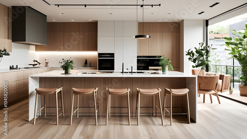 Stylish modern kitchen with a roomy layout, highlighted by a central island and beautiful wooden details.