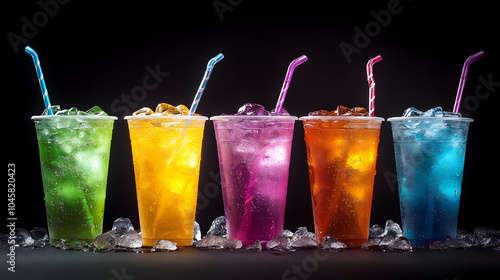 Colorful summer drinks in plastic cups with ice and straws, refreshing beverages lined up in a row ready to quench thirst   photo