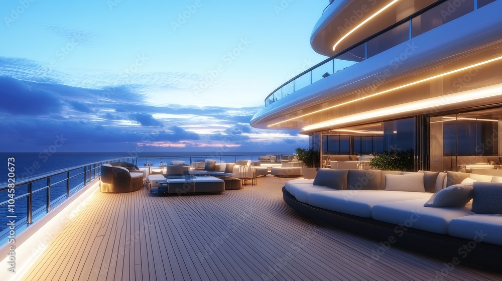 Fototapeta premium A luxury cruise ship's rooftop deck with plush lounge areas, symbolizing a high-end concept of wealth. No people.