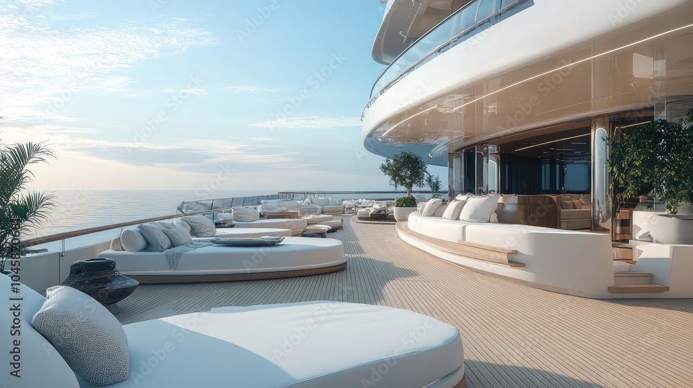 Fototapeta premium A luxury cruise ship's rooftop deck with plush lounge areas, symbolizing a high-end concept of wealth. No people.