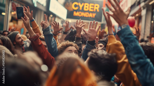 Excited crowd at a Cyber Monday sale.