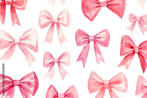 Watercolor red pink bow tape ribbon gift seamless pattern texture background