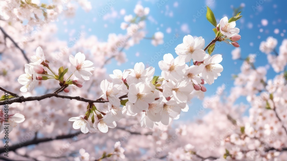 A close-up of blooming cherry blossoms against a bright blue sky. A close-up of blooming cherry blossoms against a bright blue sky.