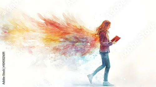 Dreaming Woman: A watercolor illustration of a woman walking while reading a book, adorned with ethereal wings, set against a soft white background. 