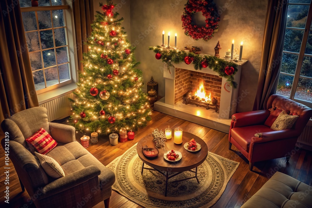 Night Photography of a Cozy Christmas Scene with Vintage Decor and Warm Lights Night Photography of a Cozy Christmas Scene with Vintage Decor and Warm Lights
