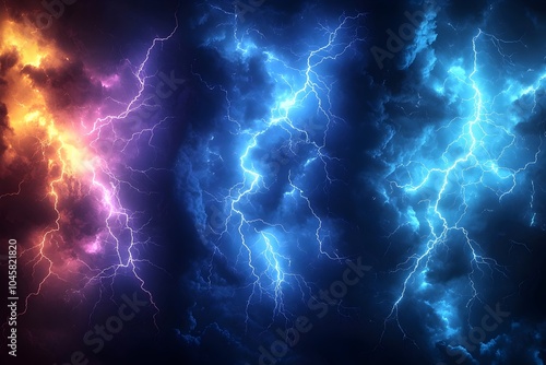 A vibrant display of lightning illuminating stormy clouds in hues of orange, purple, and blue, creating a dramatic and dynamic atmosphere.