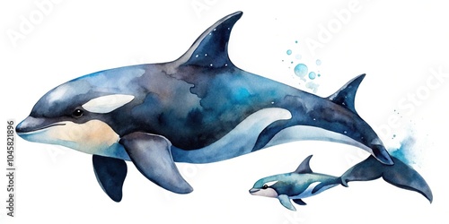 Fototapeta Naklejka Na Ścianę i Meble -  Watercolor painting of orcas and cub on white background