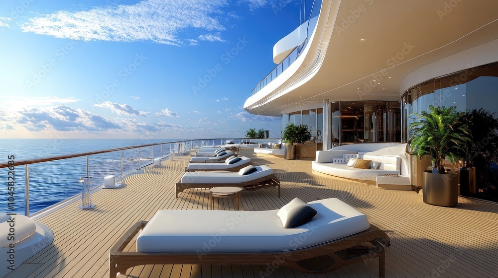 Fototapeta premium The exclusive sun deck of a luxury cruise ship, complete with private cabanas and a wealth of amenities.