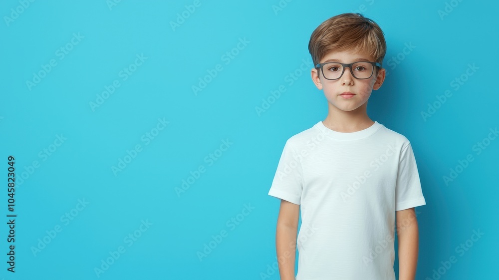 Child wearing glasses, standing against a blue background, looking serious. Child wearing glasses, standing against a blue background, looking serious.