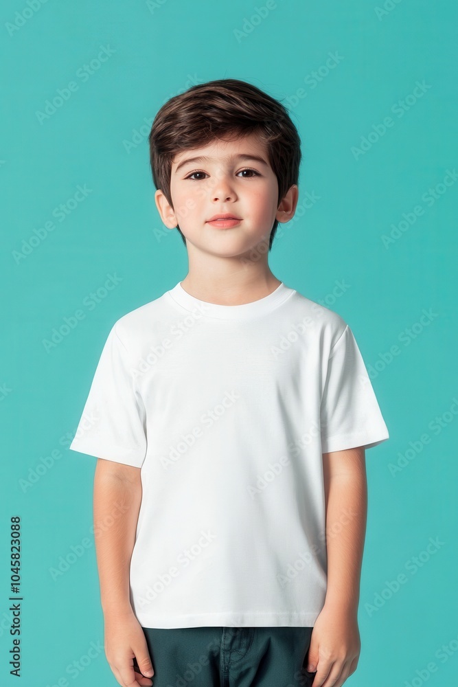 Child wearing plain white t-shirt, smiling against turquoise background. Child wearing plain white t-shirt, smiling against turquoise background.