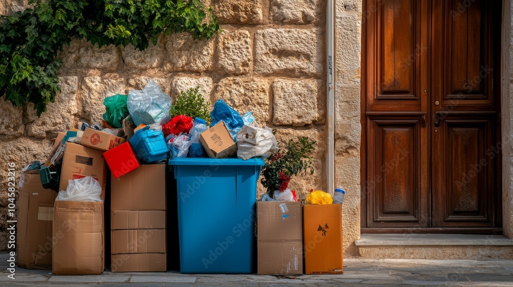 Contenedores de basura y cajas apiladas frente a la entrada de una casa ...