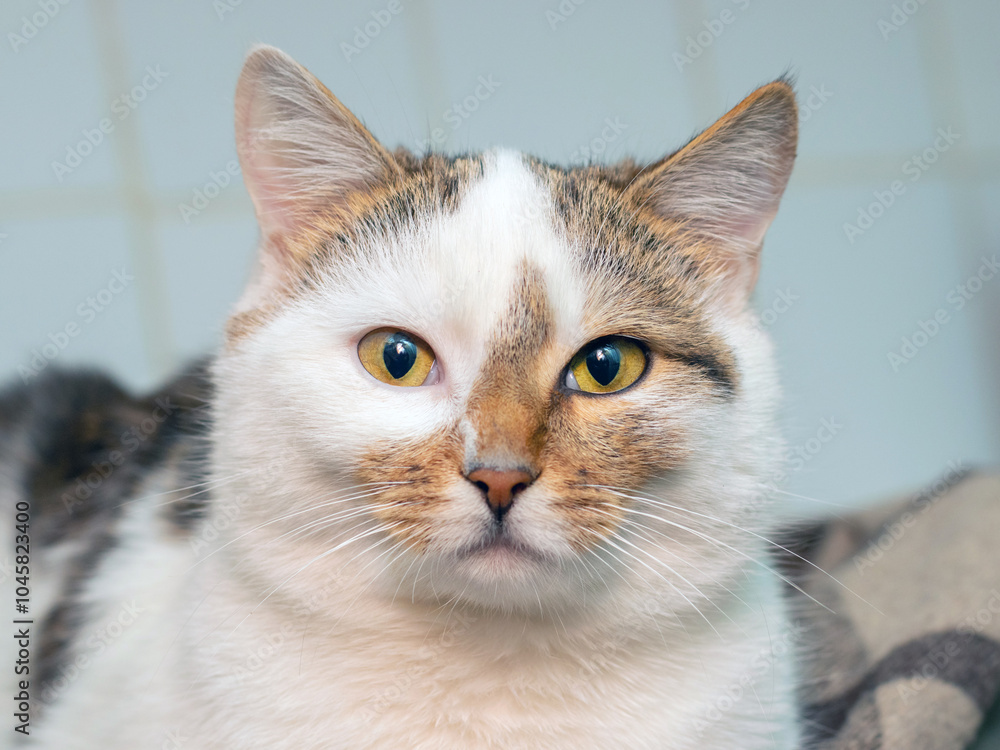 A white spotted cat with an attentive look lies in the room on a plaid A white spotted cat with an attentive look lies in the room on a plaid