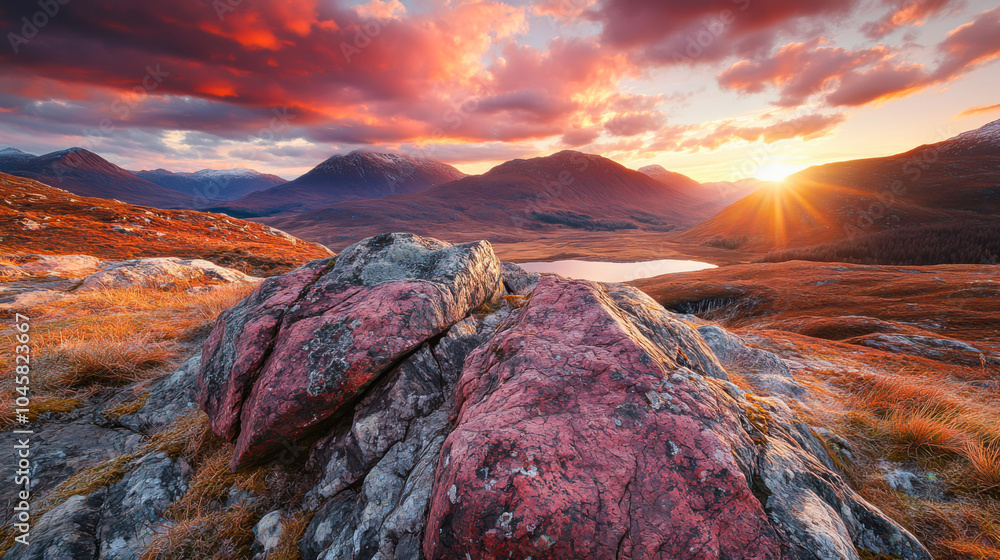 Naklejka premium Breathtaking sunset view over mountains and reflective lake at twilight in a tranquil highland landscape