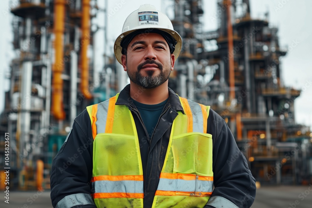 A worker in safety gear poses in front of an intricate industrial backdrop, possibly at a refinery or factory A worker in safety gear poses in front of an intricate industrial backdrop, possibly at a refinery or factory